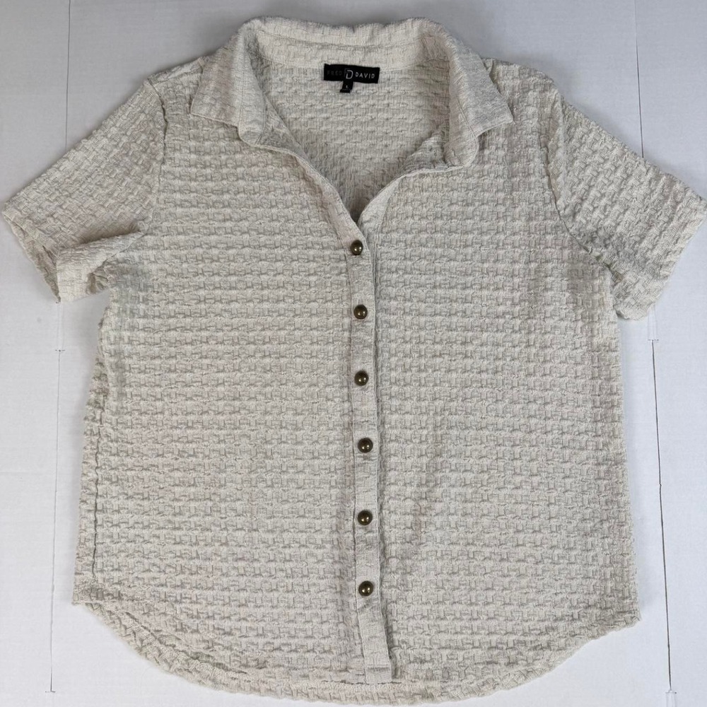Fred David Textured Short Sleeve Button-Up Shirt Beige Size L